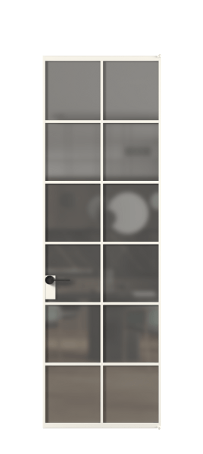 Алюминиевая дверь АЛПЛ040.05 Алюминий пудровый белый Сатинированное серое стекло, триплекс Цена 164420  | Volhovec