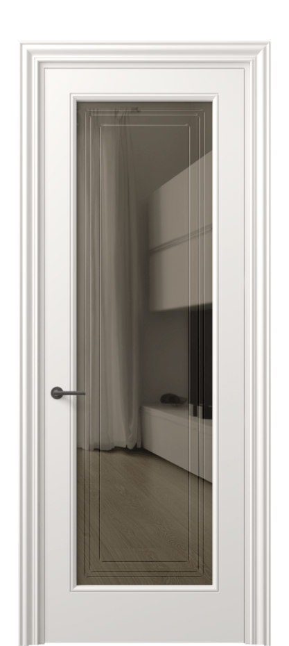 Межкомнатная дверь Mascot 8400 Матовый пудровый белый Прозрачное бронзовое стекло с гравировкой "Грани", триплекс Цена 90750 ₽ | Volhovec