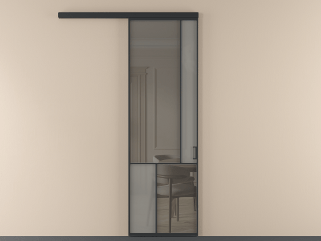 Перегородка Mosaic вдоль стены 1 створка АЛПР 041.21 Алюминий Черный Сатинированное серое стекло, триплекс, 6 мм + Прозрачное серое стекло, триплекс Цена 144530 ₽ | Volhovec