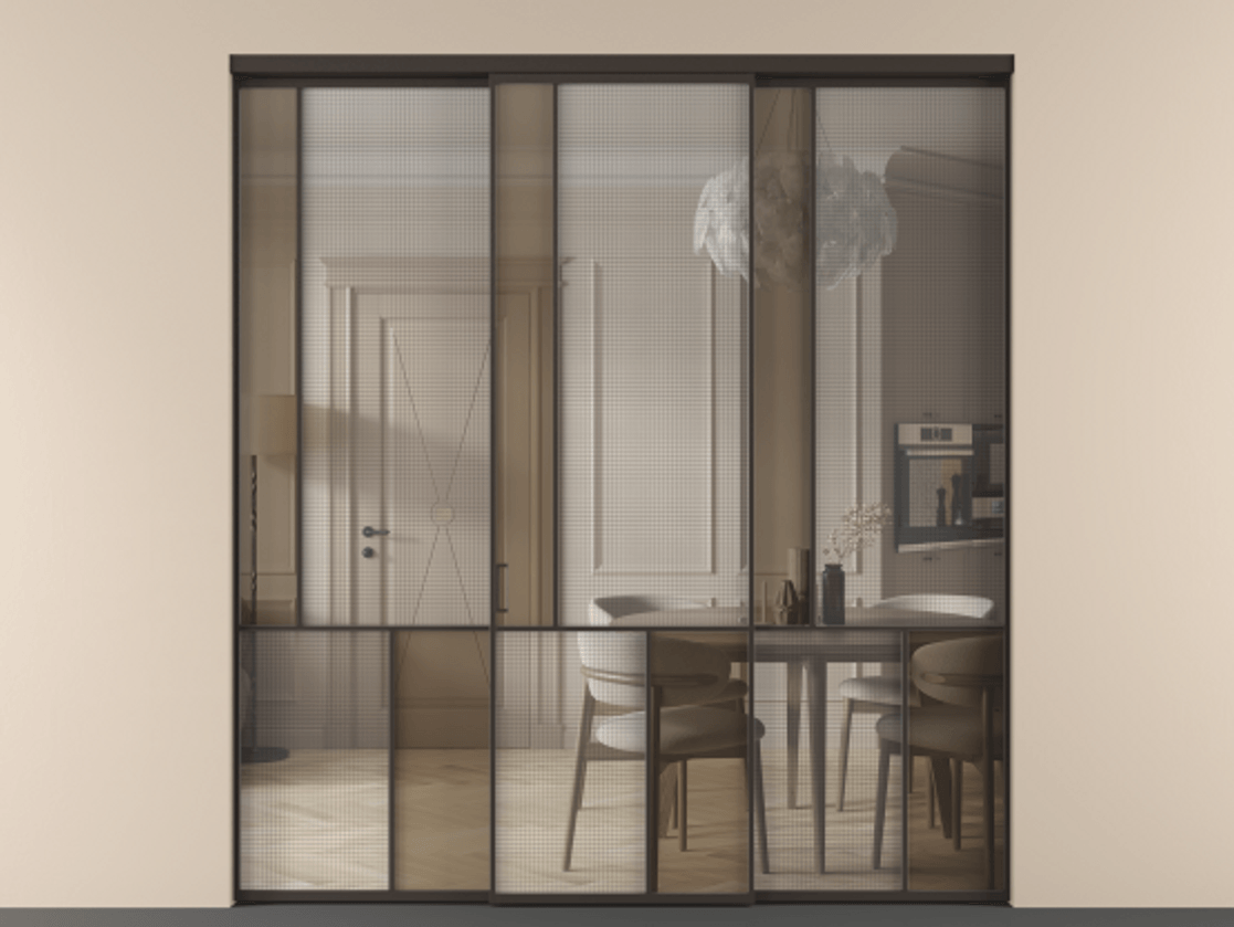 Перегородка Mosaic внутри проёма 3 створки АЛПР 041.20 Алюминий антрацит Декоративное стекло с сеткой "Mesh silver", триплекс, 6 мм + Прозрачное бронзовое стекло, триплекс. Цена 395330 ₽ . Фабрика дверей Волховец 8 (800) 551 43 19 Перегородка Mosaic внутри проёма 3 створки АЛПР 041.20 Алюминий антрацит Декоративное стекло с сеткой "Mesh silver", триплекс, 6 мм + Прозрачное бронзовое стекло, триплекс Цена 395330 ₽ | Volhovec