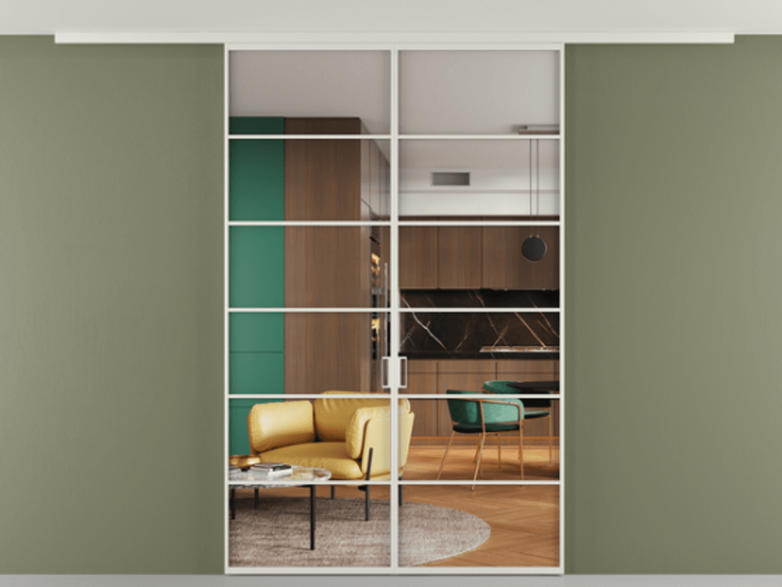 Перегородка Формато вдоль стены на потолок 2 створки АЛПР 040.04 Алюминий Белый Прозрачное стекло "Кристал Вижн", калёное Цена 276300 ₽ | Volhovec