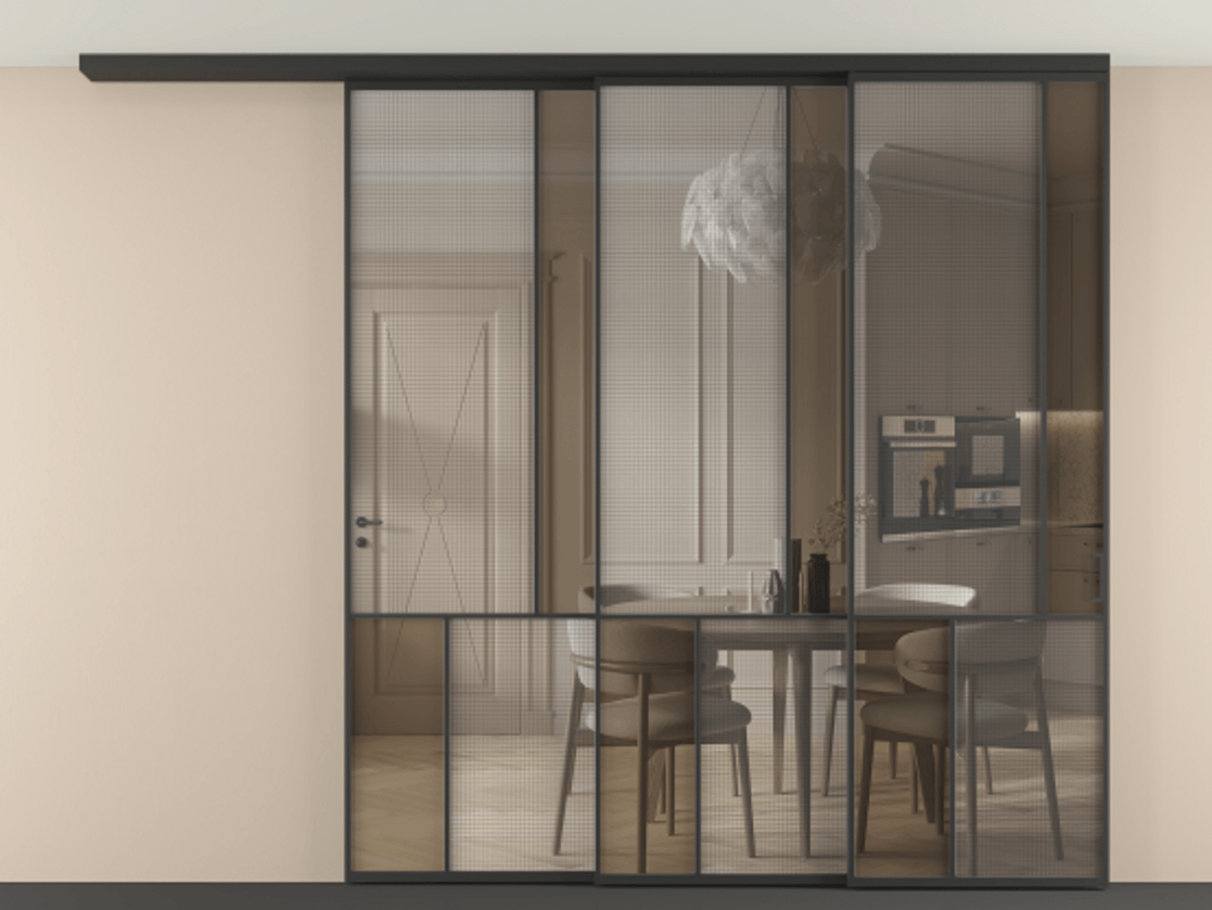 Перегородка Mosaic вдоль стены на потолок 3 створки с синхронным механизмом АЛПР 041.21 Алюминий Черный Декоративное стекло с сеткой "Mesh silver", триплекс, 6 мм + Прозрачное бронзовое стекло, триплекс. Скрытый короб ЧЕР Цена 541950 ₽ . Фабрика дверей Волховец 8 (800) 551 43 19 Перегородка Mosaic вдоль стены на потолок 3 створки с синхронным механизмом АЛПР 041.21 Алюминий Черный Декоративное стекло с сеткой "Mesh silver", триплекс, 6 мм + Прозрачное бронзовое стекло, триплекс Цена 541950 ₽ | Volhovec