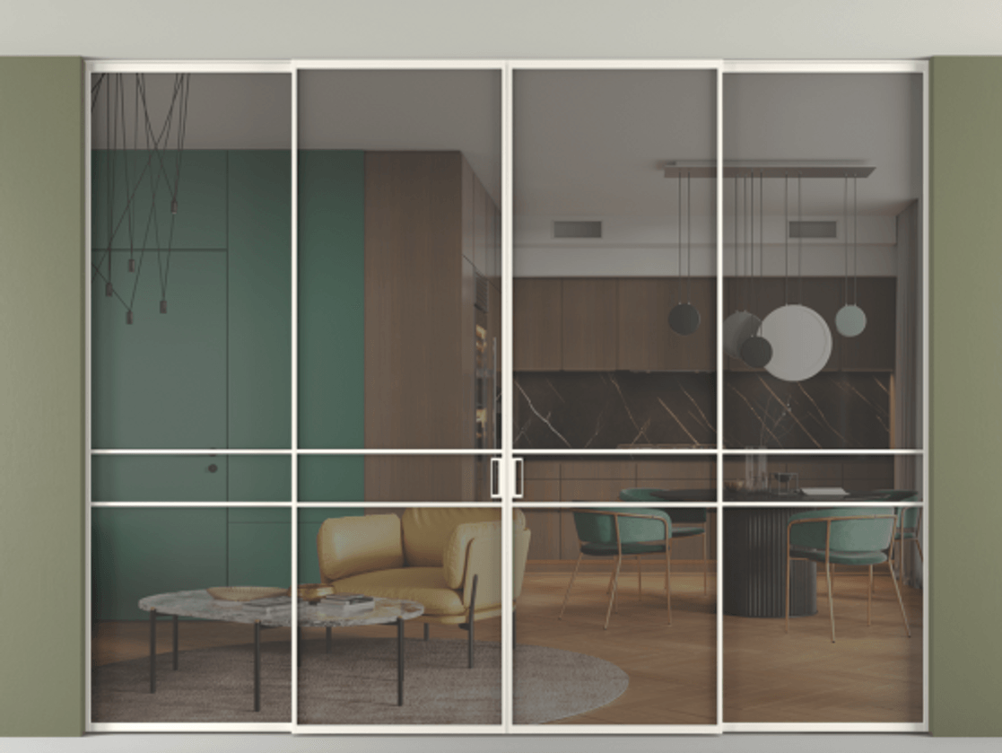 Перегородка Formato внутри проёма скрытое крепление в потолок 4 створки АЛПР 040.02 Алюминий пудровый белый Прозрачное серое стекло, триплекс. Цена 575450 ₽ 1. Полотно 4 шт. (800/2100 мм)
2. Комплект установки раздвижной системы
3. Базовый комплект фурнитуры
4.Ручка RONDO. Фабрика дверей Волховец 8 (800) 551 43 19 Перегородка Formato внутри проёма скрытое крепление в потолок 4 створки АЛПР 040.02 Алюминий пудровый белый Прозрачное серое стекло, триплекс Цена 575450 ₽ | Volhovec