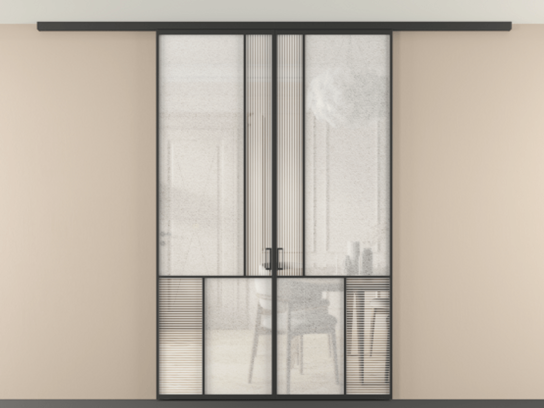 Перегородка Mosaic вдоль стены на потолок 2 створки АЛПР 041.20 Алюминий Черный Рифлёное стекло "Дюна", триплекс, 6 мм + Фактурное стекло "Лёд", триплекс. Скрытый короб ЧЕР Цена 295150 ₽ . Фабрика дверей Волховец 8 (800) 551 43 19 Перегородка Mosaic вдоль стены на потолок 2 створки АЛПР 041.20 Алюминий Черный Рифлёное стекло "Дюна", триплекс, 6 мм + Фактурное стекло "Лёд", триплекс Цена 295150 ₽ | Volhovec