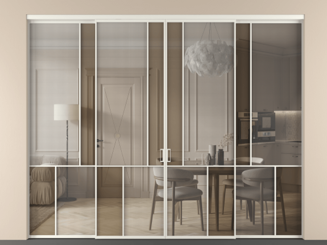 Перегородка Mosaic внутри проёма 4 створки АЛПР 041.20 Алюминий Белый Декоративное стекло с сеткой "Mesh silver", триплекс, 6 мм + Прозрачное бронзовое стекло, триплекс Цена 512560 ₽ | Volhovec