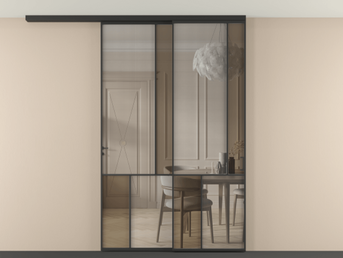 Перегородка Mosaic вдоль стены на потолок 2 створки с синхронным механизмом АЛПР 041.21 Алюминий Черный Декоративное стекло с сеткой "Mesh silver", триплекс, 6 мм + Прозрачное бронзовое стекло, триплекс. Скрытый короб ЧЕР Цена 375670 ₽ . Фабрика дверей Волховец 8 (800) 551 43 19 Перегородка Mosaic вдоль стены на потолок 2 створки с синхронным механизмом АЛПР 041.21 Алюминий Черный Декоративное стекло с сеткой "Mesh silver", триплекс, 6 мм + Прозрачное бронзовое стекло, триплекс Цена 375670 ₽ | Volhovec