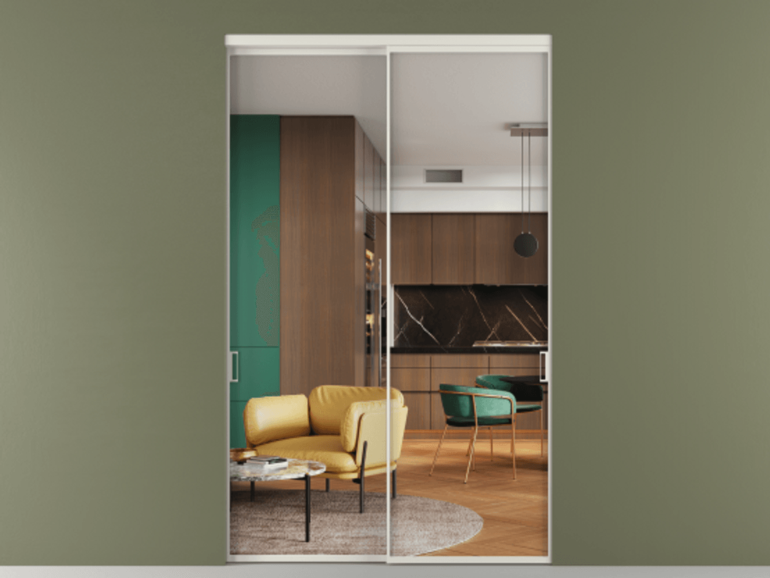 Перегородка Formato внутри проёма 2 створки АЛПР 040.01 Алюминий Белый Прозрачное стекло "Crystal Vision", калёное Цена 490380 ₽  | Volhovec