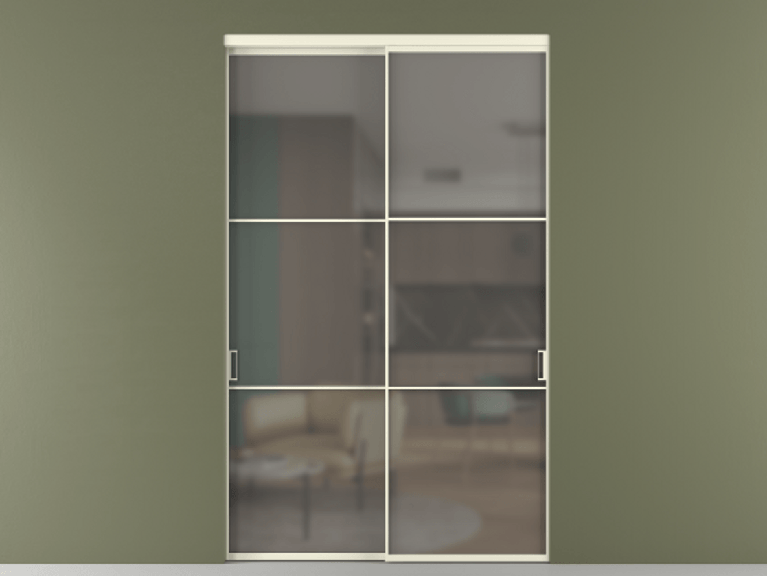 Перегородка Формато внутри проёма 2 створки АЛПР 040.03 Алюминий молочно-белый Сатинированное серое стекло, триплекс Цена 508530 ₽  | Volhovec