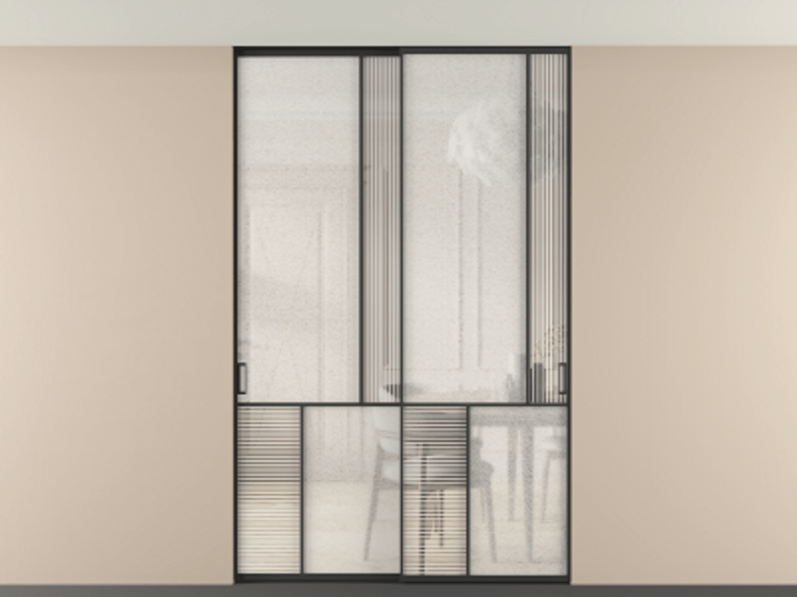 Перегородка Mosaic внутри проёма скрытое крепление в потолок 2 створки АЛПР 041.21 Алюминий Черный Рифлёное стекло "Дюна", триплекс, 6 мм + Фактурное стекло "Лёд", триплекс. Скрытый короб ЧЕР Цена 364120 ₽ . Фабрика дверей Волховец 8 (800) 551 43 19 Перегородка Mosaic внутри проёма скрытое крепление в потолок 2 створки АЛПР 041.21 Алюминий Черный Рифлёное стекло "Дюна", триплекс, 6 мм + Фактурное стекло "Лёд", триплекс Цена 364120 ₽ | Volhovec