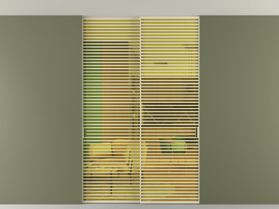 Алюминевая перегородка vn2_07 Алюминий бежево-серый Прозрачное жёлтое стекло, триплекс, 6мм. Цвет Алюминий бежево-серый. Материал Алюминий в эмали. Коллекция Перегородка Formato внутри проёма скрытое крепление в потолок 2 створки. Картинка.