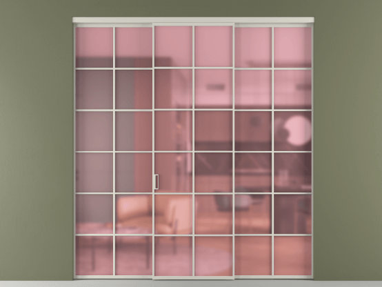 Алюминевая перегородка vn1+2_05_ Алюминий тёплый серый Сатинированное розовое стекло, триплекс, 6мм. Цвет Алюминий тёплый серый. Материал Алюминий в эмали. Коллекция Перегородка Formato внутри проёма 3 створки. Картинка.