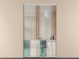 Алюминевая перегородка vnt2_1 Алюминий тёплый серый Четыре стекла. Цвет Алюминий тёплый серый. Материал Алюминий в эмали. Коллекция Перегородка Mosaic внутри проёма 2 створки. Картинка.