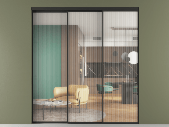 Алюминевая перегородка vn3_01 Moru ЧЕР. Цвет Алюминий Черный. Материал Алюминий. Коллекция Перегородка Формато внутри проёма 3 створки с синхронным механизмом. Картинка.