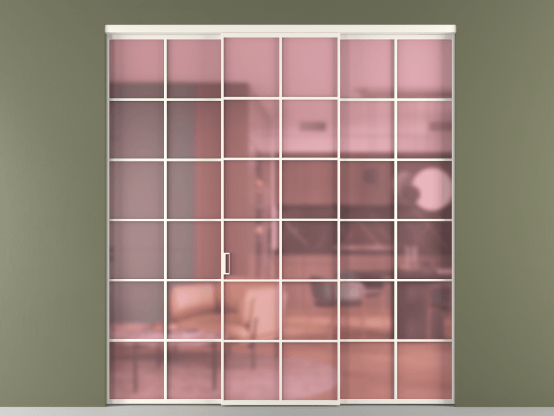 Алюминевая перегородка vn1+2_05_ Алюминий пудровый белый Сатинированное розовое стекло, триплекс, 6мм. Цвет Алюминий пудровый белый. Материал Алюминий в эмали. Коллекция Перегородка Formato внутри проёма 3 створки. Картинка.