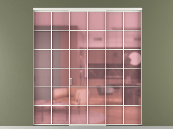 Алюминевая перегородка vn1+2_05_ Алюминий светло-серый Сатинированное розовое стекло, триплекс, 6мм. Цвет Алюминий светло-серый. Материал Алюминий в эмали. Коллекция Перегородка Formato внутри проёма 3 створки. Картинка.