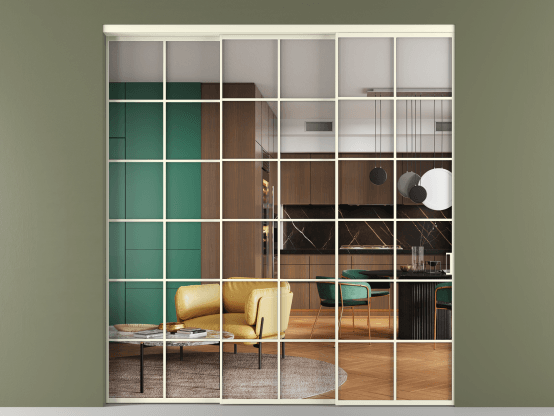 Алюминевая перегородка АЛПР 040.05_АМБ_Crystalvision_new. Цвет Алюминий молочно-белый. Материал Алюминий в эмали. Коллекция Перегородка Formato внутри проёма 3 створки с синхронным механизмом. Картинка.