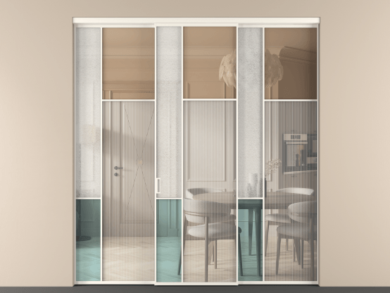 Алюминевая перегородка vn3_5 Алюминий пудровый белый Четыре стекла. Цвет Алюминий пудровый белый. Материал Алюминий в эмали. Коллекция Перегородка Mosaic внутри проёма 3 створки. Картинка.