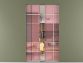 Алюминевая перегородка skr2_05_ Алюминий бежево-серый Сатинированное розовое стекло, триплекс, 6мм. Цвет Алюминий бежево-серый. Материал Алюминий в эмали. Коллекция Перегородка Formato скрытый пенал 2 створки. Картинка.