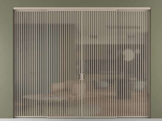 Алюминевая перегородка АЛПР 040.06_АБСК_Бронза сатин триплекс_new. Цвет Алюминий бисквитный. Материал Алюминий в эмали. Коллекция Перегородка Формато внутри проёма 4 створки. Картинка.